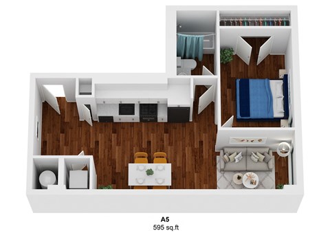 Floor plan for 1 bed, 1 bath, 595 sqft